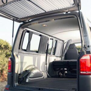 Blickdichte Vorhänge VW T5 T6 in grau/schwarz – Premium Gardinen Set für Kombi und Transporter, Seitenfenster und Heckflügeltüren.